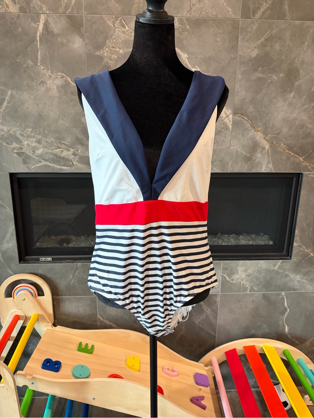Modcloth Navy, White & Red Nautical Stripe One-Piece